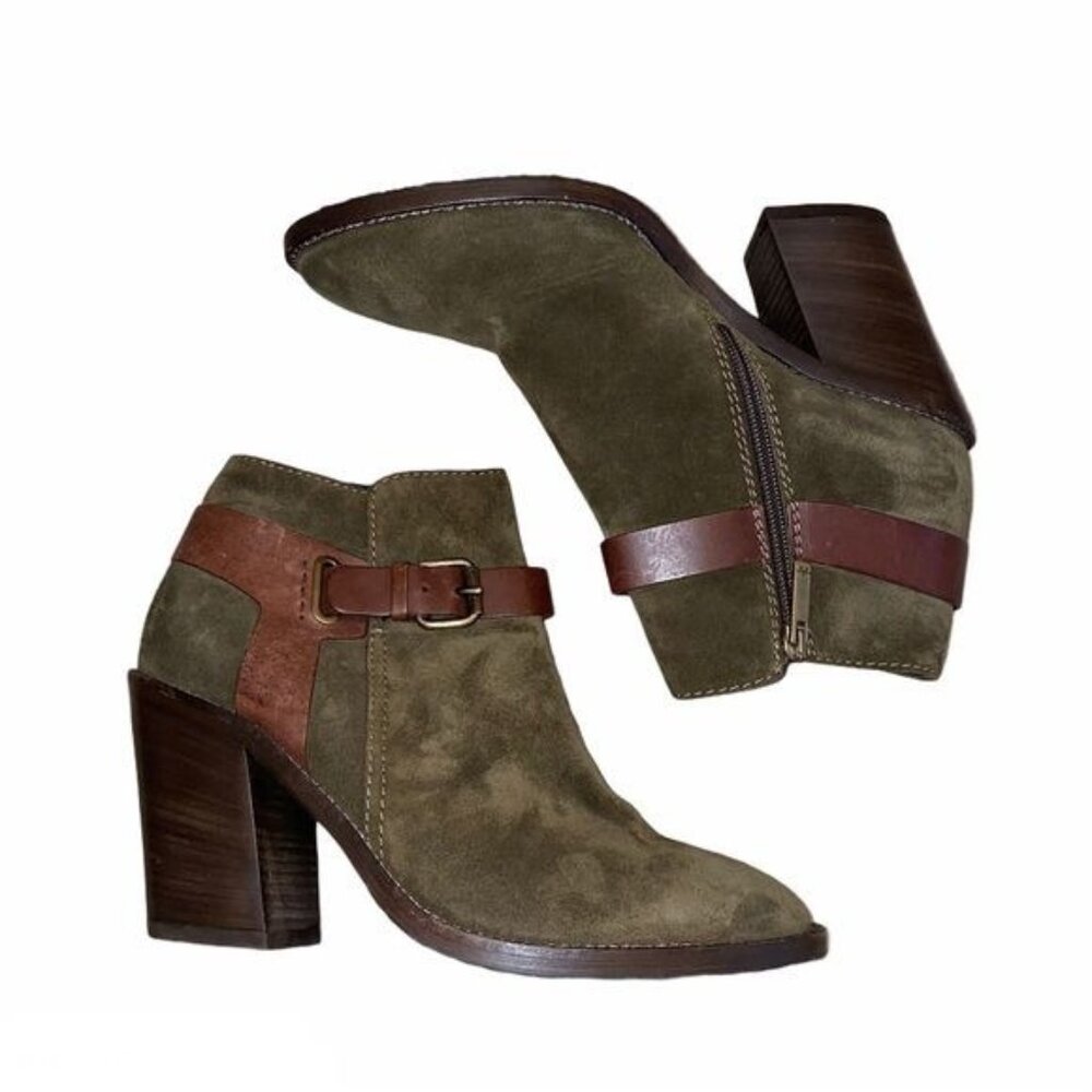 Aquatalia Womens 9.5 Olive Green Suede Heeled Booties Brown Leather Ankle Strap